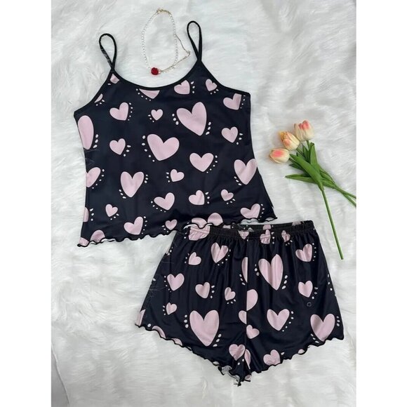 2 Piece Sexy Sleepwear Pajamas Nightwear PJ's Lingerie Hearts Women's - Picture 6 of 6